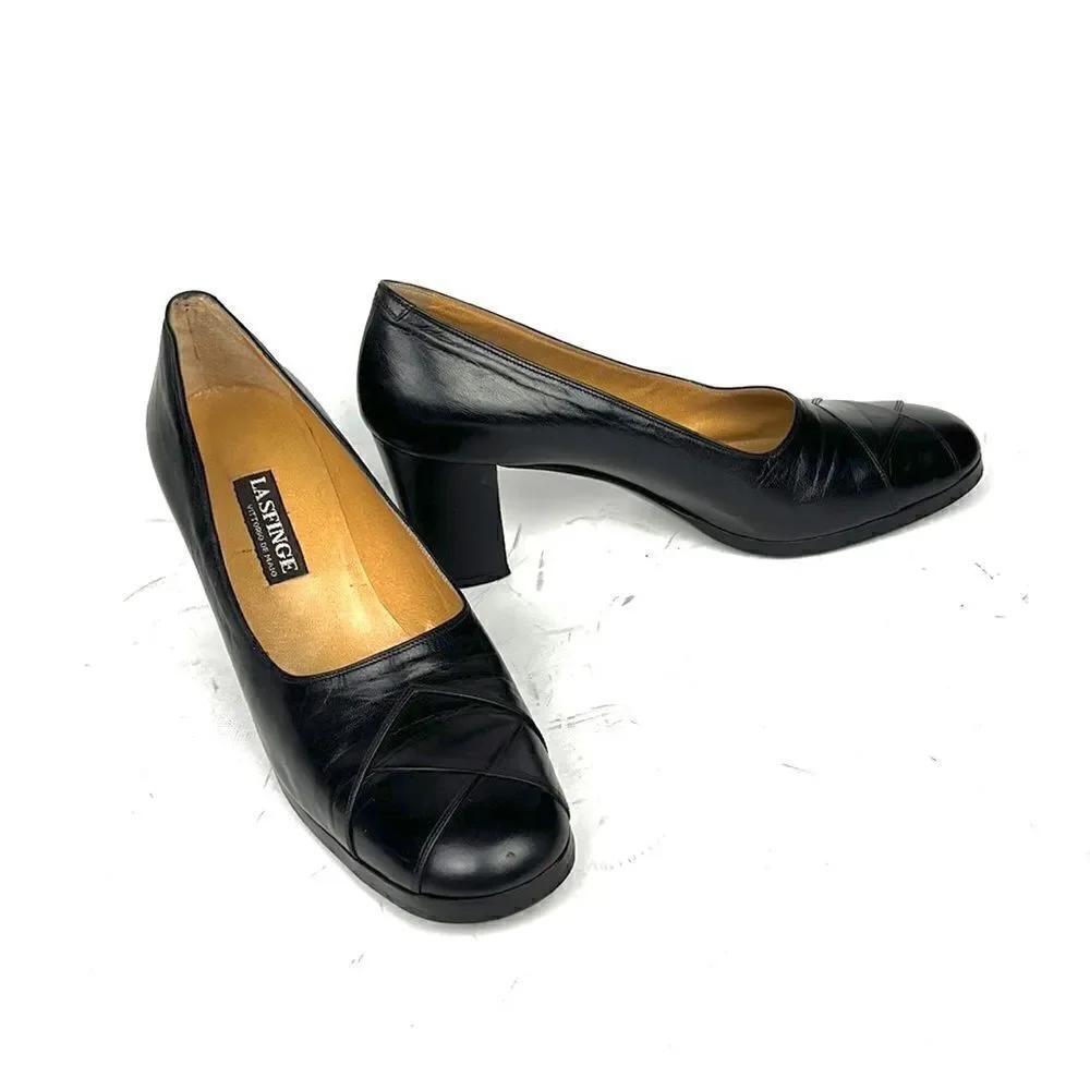 Black Leather Italian made Pumps Heels LA SFINGE by Vittorio De Maio size 9,5